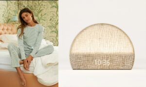 woman in pajamas and alarm clock