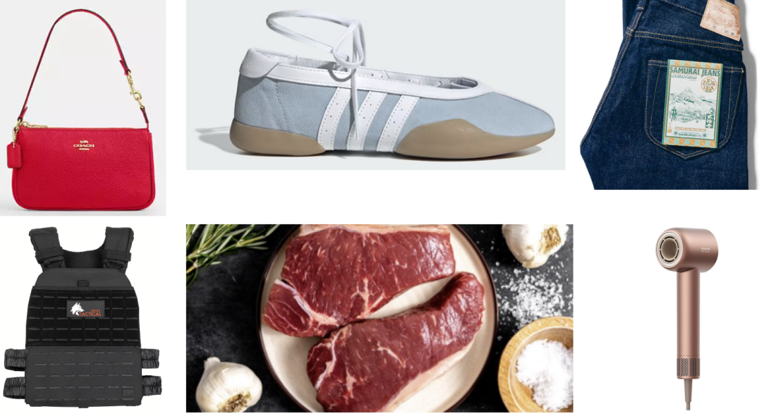 handbag, shoes, jeans, hair dryer, meat, vest