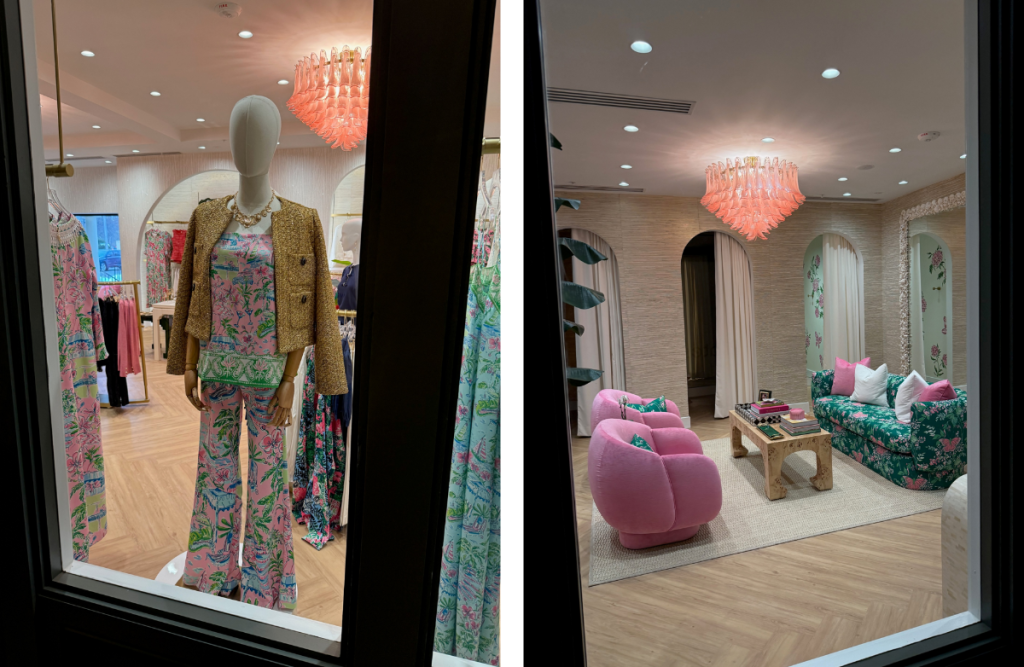 a mannequin in a window and a seating area