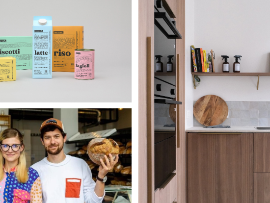 product packaging, a kitchen, people holding bread