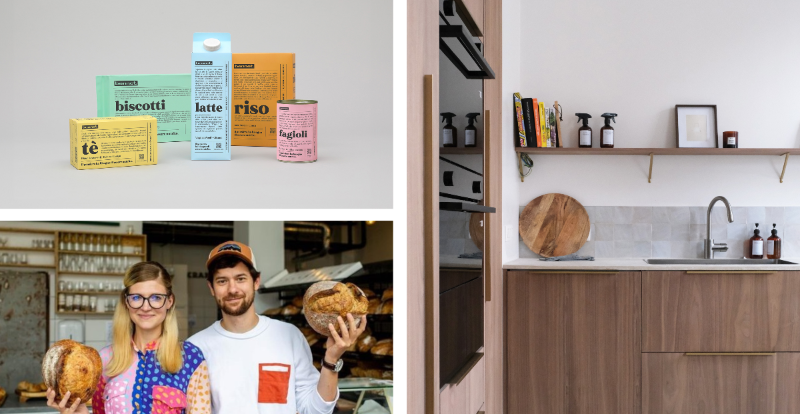 product packaging, a kitchen, people holding bread