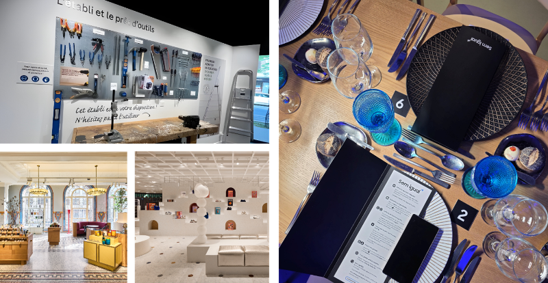 tools hanging on a wall, dinnerware on a table, a department store showroom, a beauty showroom