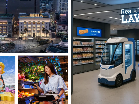 an aerial view of a building, the entrance to a store, a woman shopping, a statue