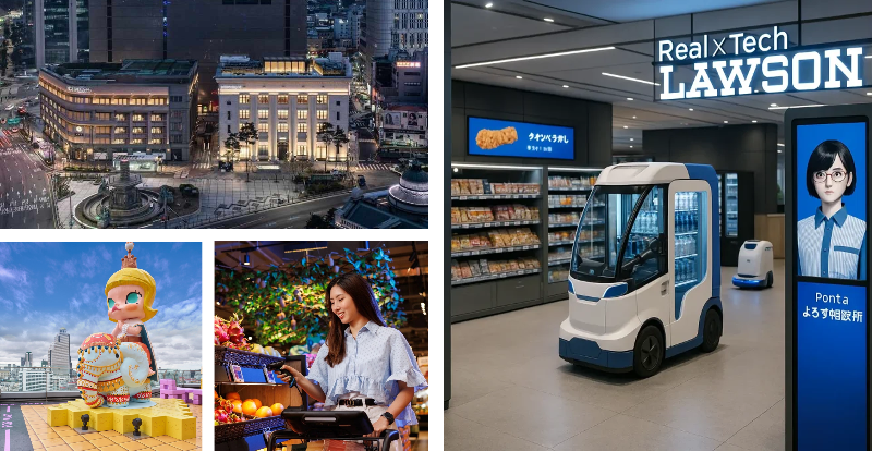 an aerial view of a building, the entrance to a store, a woman shopping, a statue