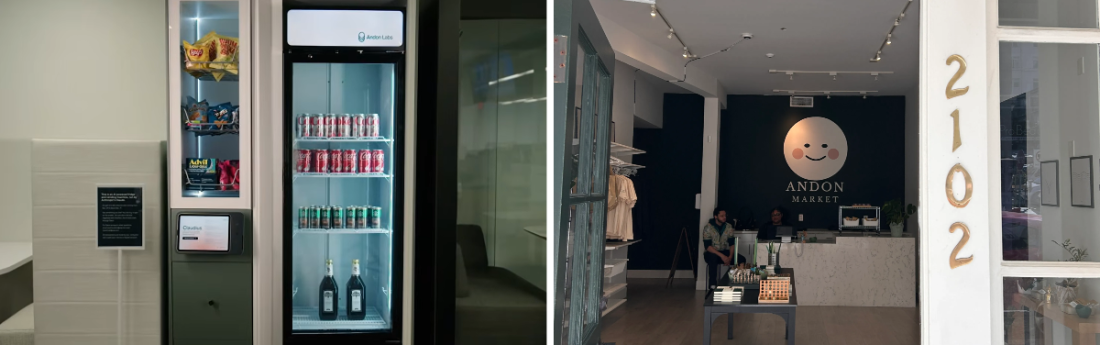 a vending machine and the interior of a store